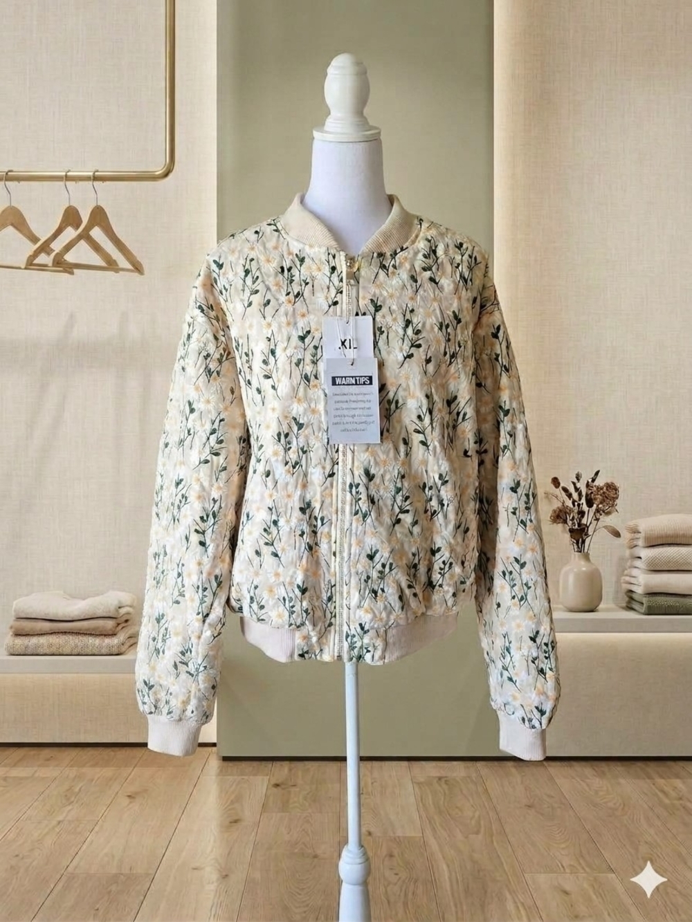 NWT Cotton Embroidered Daisy Quilted Bomber Jacket Cream XL